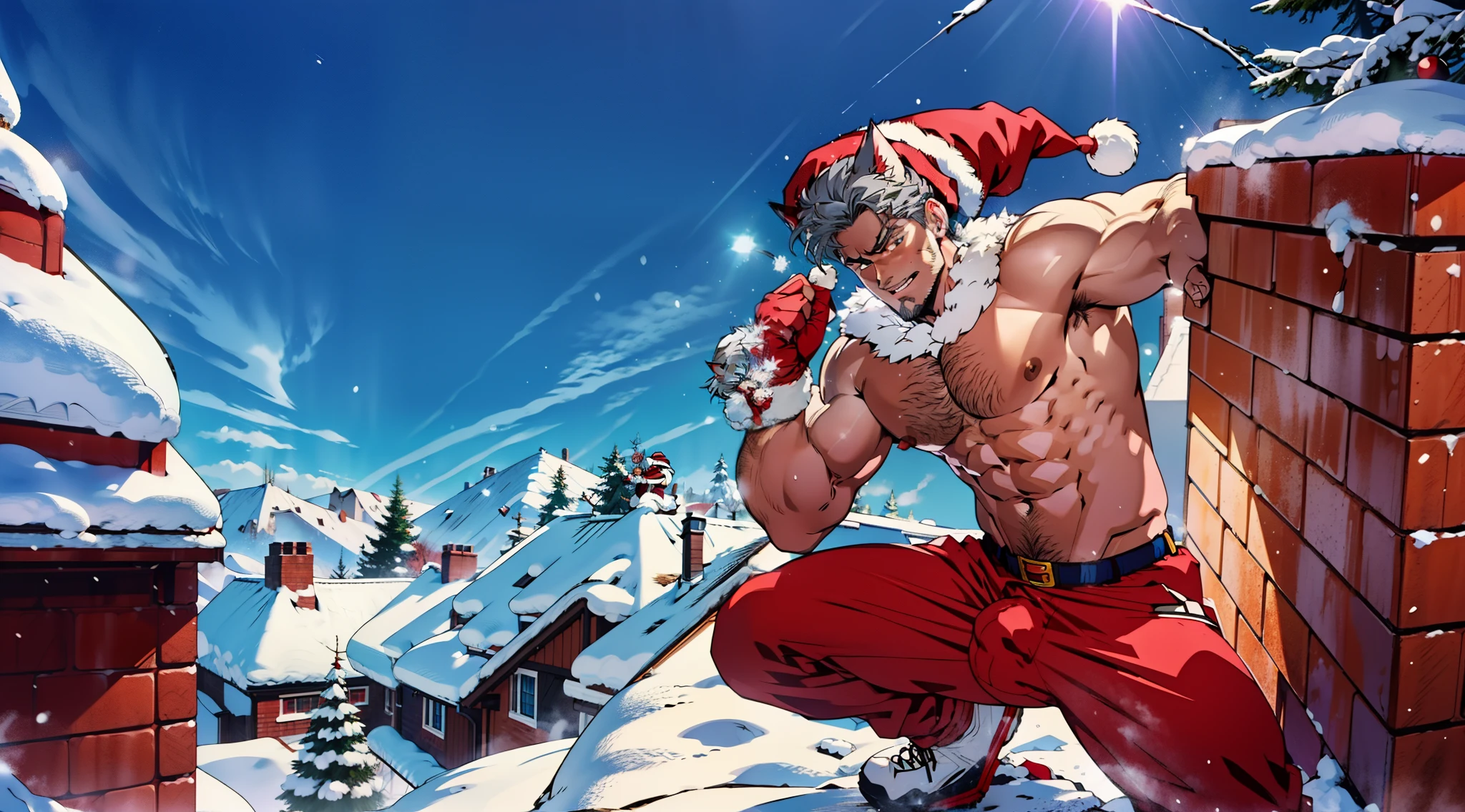 1man, a young man wearing a Santa Claus hat on top of a snow-filled roof, shirtless, holding a chimney, gray hair, cat ears, ((bulge in pants)), NSFW, catboy, bulgeJ8, huge bulge, bulging crotch, 8k , 90's anime style, high quality, red pants,