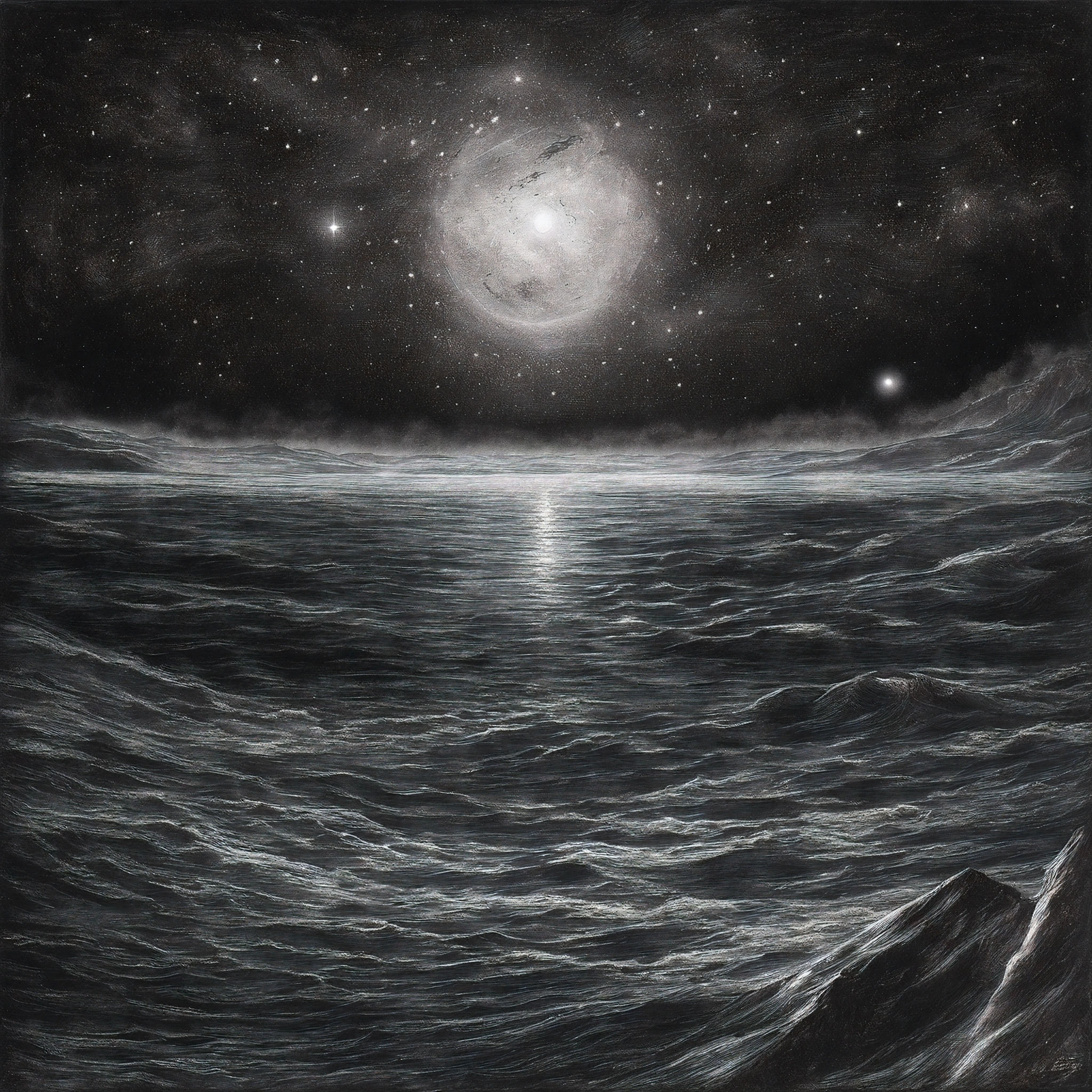 "In the beginning God created the heavens and the earth. And darkness was upon the face of the deep, and the Spirit of God moved upon the waters. Then God said, Let there be light, and there was light."
A mesmerizing sky of stars, gazing intensely into the void, shimmering like the first light of creation. Beneath lies the surface of the waters, the deep from which land shall emerge. The Spirit of the Lord moves across this primeval sea, immense and unknowable as the firms of heaven.
To the right a simple wooden boat bobs atop the waters, steadied by a bearded man gazing upward, witnessing the majesty of the lights above. His eyes reflect the glimmering stars, three brighter spheres presiding over galaxies of celestial fires.
To the left a great winged creature takes shape amongst the constellations, as if the Creator has etched its flowing form into the very arrangement of the night sky.
This scene evokes the awe and wonder of newly made world, when the Earth was without form, and all that had been made was the radiance above, the watchful deep, and the Spirit who moved between. We glimpse creation not yet completed, and marvel at its mystery and promise