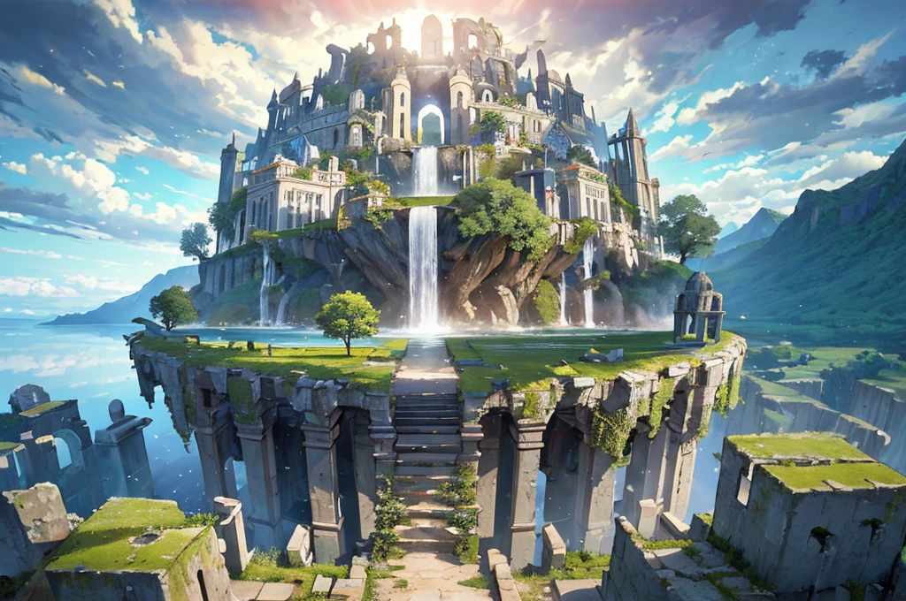 masterpiece, best quality,ultra-detailed, fine detailed, 8k, scenery, landscape, no humans, wide shot, sunrise sky, white cloud, multiple floating islands, multiple towers of various sizes, ancient structures, ruins, cityscape, forest, waterfall, nature, ray tracing, refraction, cinematic lighting, fisheye lens, tyndall effect