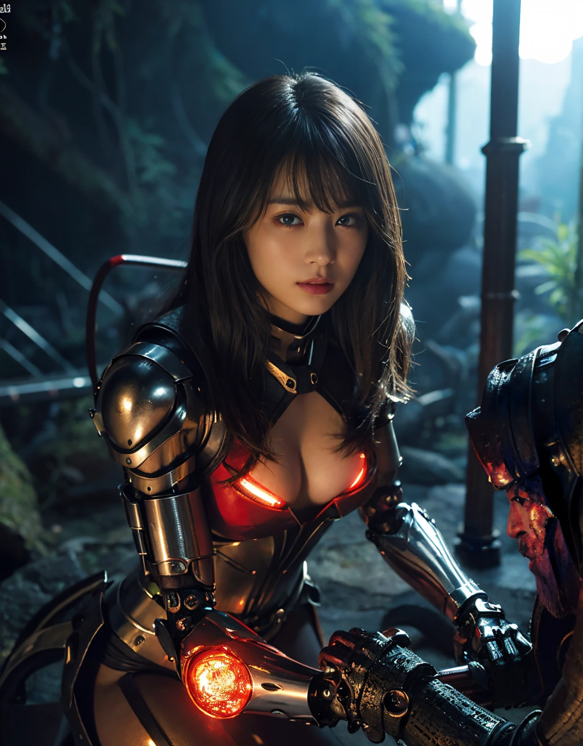 (1 Mechanical Girl)、(Mystical expression)、top-quality、masterpiece、超A high resolution、(Photorealsitic:1.4)、Raw photo、1人、Fight mutants、glowy skin、(((1 Mechanical Girl)))、(Red Metal Bodysuit)、(Fight goblings、ogre、Fierce battle with orcs),(Fight fiercely against aliens)、Fight fiercely、(beautiful forest background)、(Fighting Demonic Beasts)、(Small LED)、((super realistic details))、portlate、(Strong giant demon beast background),globalillumination、Shadow、octan render、8K、ultrasharp、Colossal tits、Raw skin is exposed in cleavage、red metal、Details of complex ornaments、Japan details、highly intricate detail、Realistic light、(Mystical expression),CGSoation Trends、Blue eyes、radiant eyes、Facing the camera、neon details、(Mechanical limbs)、(blood vessels connected to tubes)、(Wires and cables connecting to the head)、Small LED、,Mechanical thighs、Toostock、(Hands are also made of machines)、(Precipitous cliffs、fortress)、机器人、