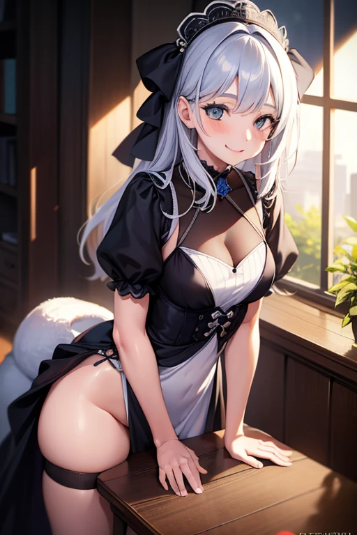 1girl, rubbing the , Table hump, Dress, looking a viewer, Smile, maiden,, Masterpiece, Best Quality, Highly detailed