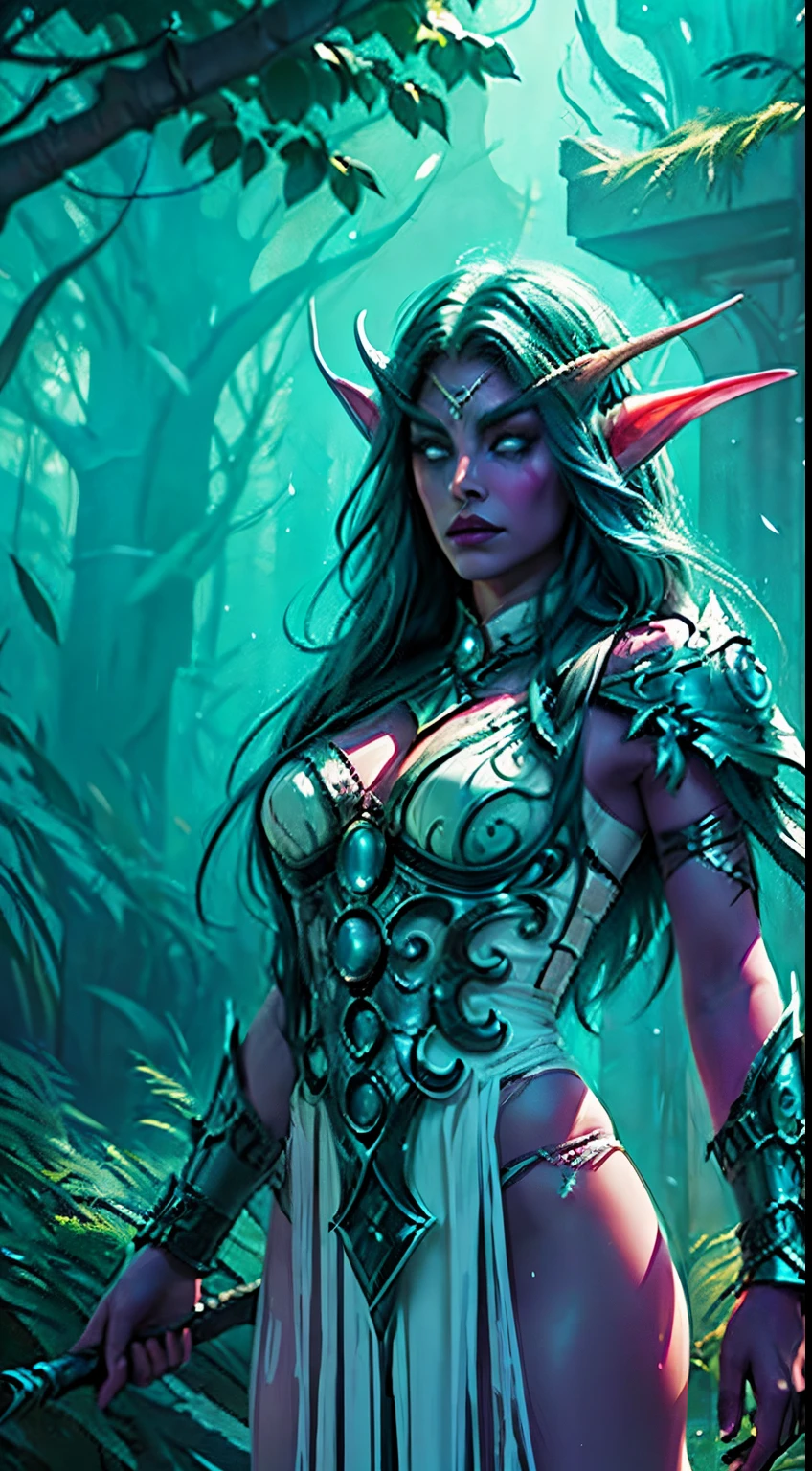 Create a 4K UHD illustration of Tyrande Whisperwind from Warcraft in a dynamic pose. The image should showcase a full-body view of the character in a 1.8:1 aspect ratio. Emphasize her elven beauty, featuring intense blue eyes, arched eyebrows, and a tanned skin tone. Tyrande should be portrayed wearing detailed armor and elven garments.

Place her in a captivating and atmospheric setting, such as an abandoned elven sanctuary in a dense forest. Incorporate a nighttime backdrop with a thunderstorm, complete with swirling mists and glowing elements. Tyrande should exude power, with swirling magical effects emanating from her hands, representing her connection to nature and the mystical.

Employ a painting style with a dark and mysterious tone, utilizing watercolor, charcoal, and pen & ink strokes to enhance the overall aesthetic. Ensure the image is of high quality, reaching 300dpi, and has a masterpiece quality. The composition should be such that Tyrande is looking directly into the viewer's eyes, capturing her strong and determined character.

Consider the overall design for a T-shirt, incorporating an aesthetic suitable for T-shirt design. The illustration should evoke the essence of Tyrande Whisperwind from Warcraft, showcasing her strength, beauty, and connection to the mystical world of Azeroth.