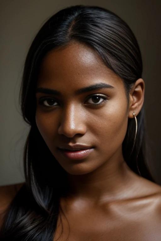 Portrait the unique beauty of an Autralian a original woman's Head and shoulders,with her deep Brown skin and tradicional Dot painting,8k,DSLR,UHD, Soft lighting, filmic grain, Fujifilm XT3,