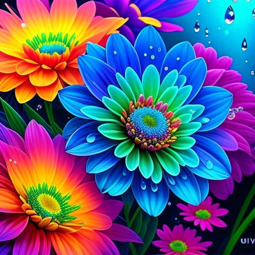 Close up of bunch of flowers with water droplets, a magical colorful flower, rich floral color, magical flowers, Vivid and rich colors, Colorful Alien Flora, colorful flower, Colorful flowers, Colorful HD Drip, Vivid and colorful, beautiful art uhd 4 k, beautiful and colorful, neon flowers, Strong and vibrant colors, colorful and vibrant, intricate vibrant colors