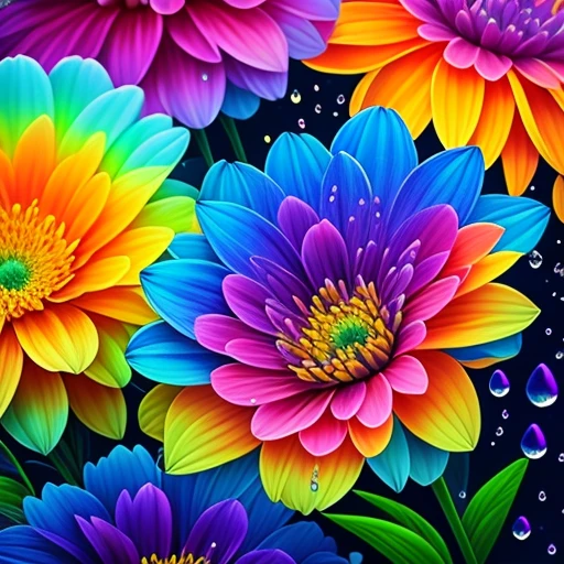 Close up of bunch of flowers with water droplets, a magical colorful flower, rich floral color, magical flowers, Vivid and rich colors, Colorful Alien Flora, colorful flower, Colorful flowers, Colorful HD Drip, Vivid and colorful, beautiful art uhd 4 k, beautiful and colorful, neon flowers, Strong and vibrant colors, colorful and vibrant, intricate vibrant colors