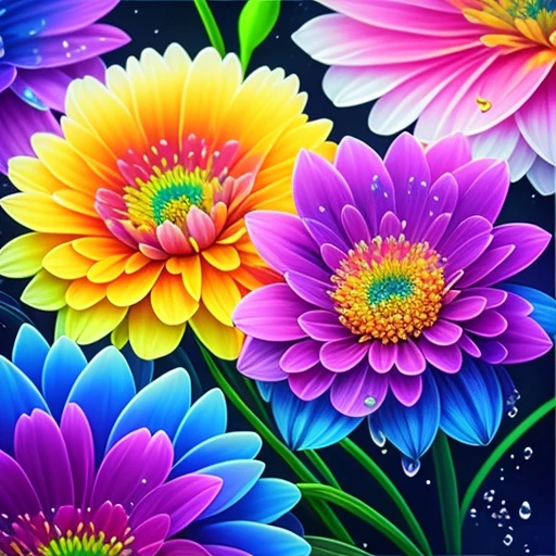 Close up of bunch of flowers with water droplets, a magical colorful flower, rich floral color, magical flowers, Vivid and rich colors, Colorful Alien Flora, colorful flower, Colorful flowers, Colorful HD Drip, Vivid and colorful, beautiful art uhd 4 k, beautiful and colorful, neon flowers, Strong and vibrant colors, colorful and vibrant, intricate vibrant colors