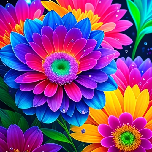 Close up of bunch of flowers with water droplets, a magical colorful flower, rich floral color, magical flowers, Vivid and rich colors, Colorful Alien Flora, colorful flower, Colorful flowers, Colorful HD Drip, Vivid and colorful, beautiful art uhd 4 k, beautiful and colorful, neon flowers, Strong and vibrant colors, colorful and vibrant, intricate vibrant colors