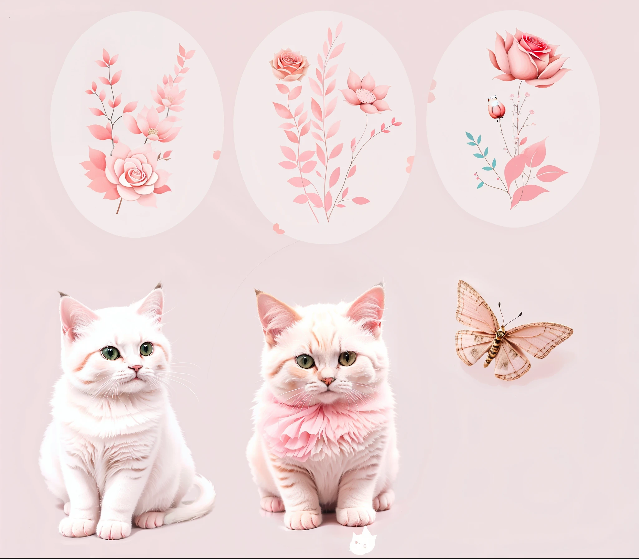 existem quatro fotos diferentes de um gato e uma borboleta, gatos bonitos, arte digital bonito, GatosGatosGatos, Gatos, painting digital adorable, fundo cor-de-rosa, Gato. pintura digital, arte digital detalhada bonito, design do gato, rosa pastel, tons de rosa, gatinhos bonitos, gato detalhado, gatinho, tonalidades rosa claro, Gatinhos, Gato, lindo e bonito