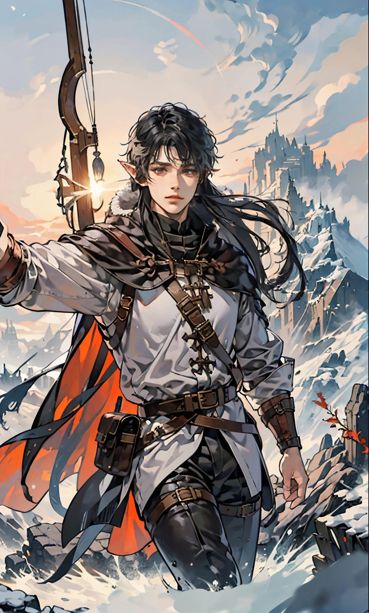 (best quality, high definition) adult 1 male beatiful elf, mystic archer, archery, long black hair, gray eyes, detailed face, middle ages, dnd character, adventurer, winter medieval background