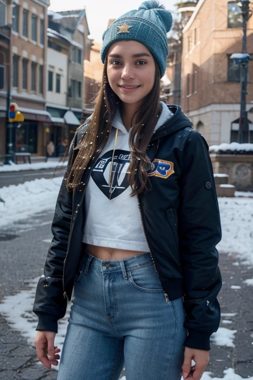 , brown hair, straight hair, long hair, longeyelashes, Soft thighs, pettie, full body, smile, ray tracing, Suprematism, 8k, super detail, ccurate, best quality, UHD, super detail, brown hoodie, skinny blue jeans, beanie, puffer jacket, outside, snow