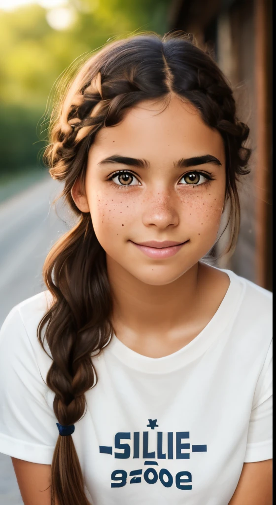 1girl. Tan skin, freckles on nose, freckles on cheeks, dark brown hair, wavy hair, hair braid, T-shirt, 20 years old,