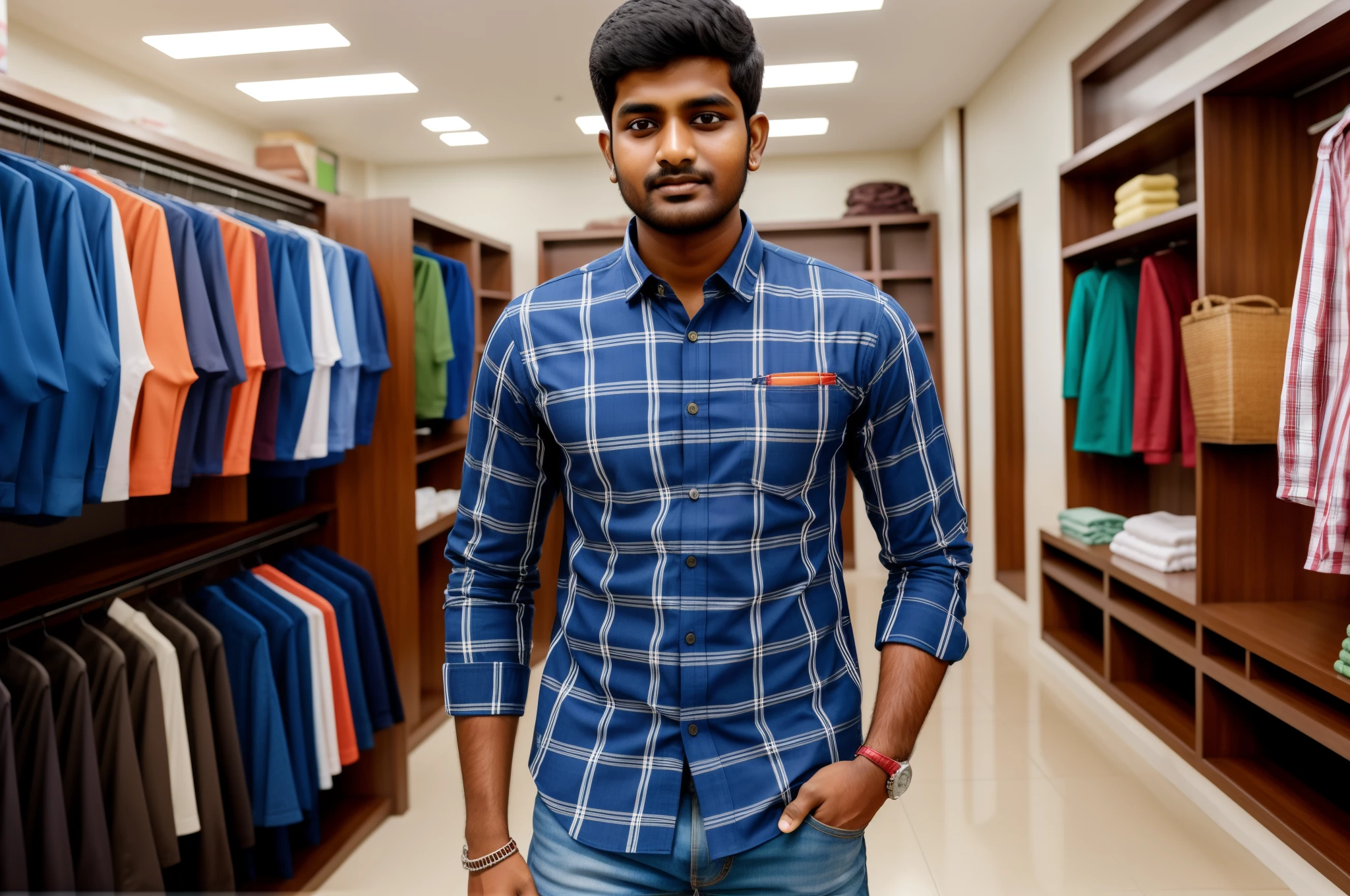 Realistic full image of a south indian college boy wearing a green checked shirt in a shop changing room