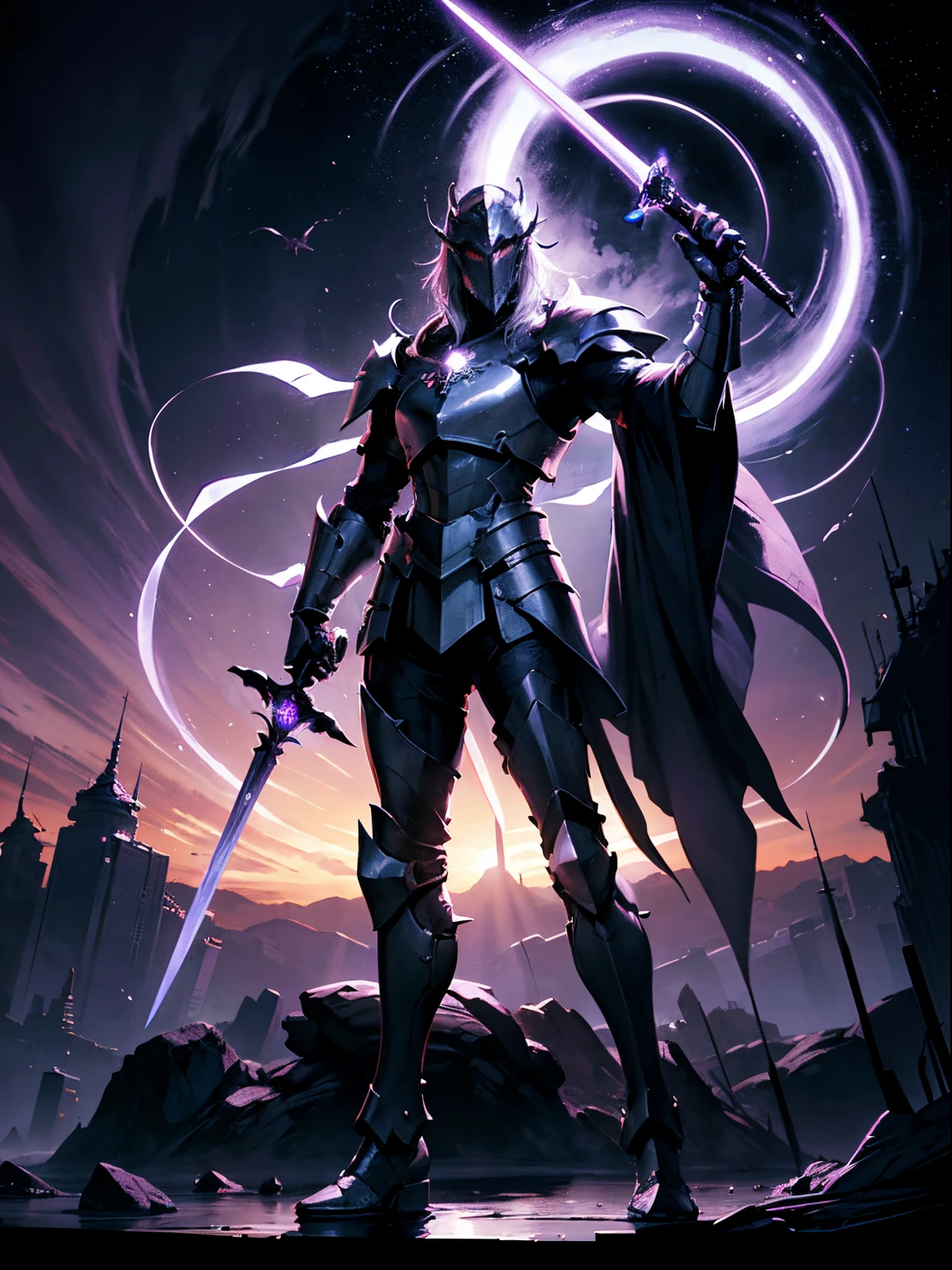 ultra wide shot, full body shot, (masterpiece, best quality), A paladin holding a light infused sword, light magic, divine, magewave, Balck and purple, 4k, dark cityscape, Fujifilm, white hair,Beautiful detail background, Ultra detailed, Great composition, movie lights, dragon armor, helmet, light purple