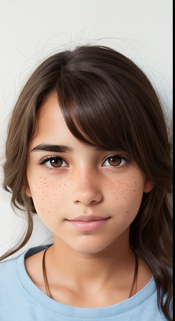 1girl. Tan skin, freckles on nose, freckles on cheeks, dark brown hair, wavy hair, embroidered shirt, loose jeans, 20 years old,