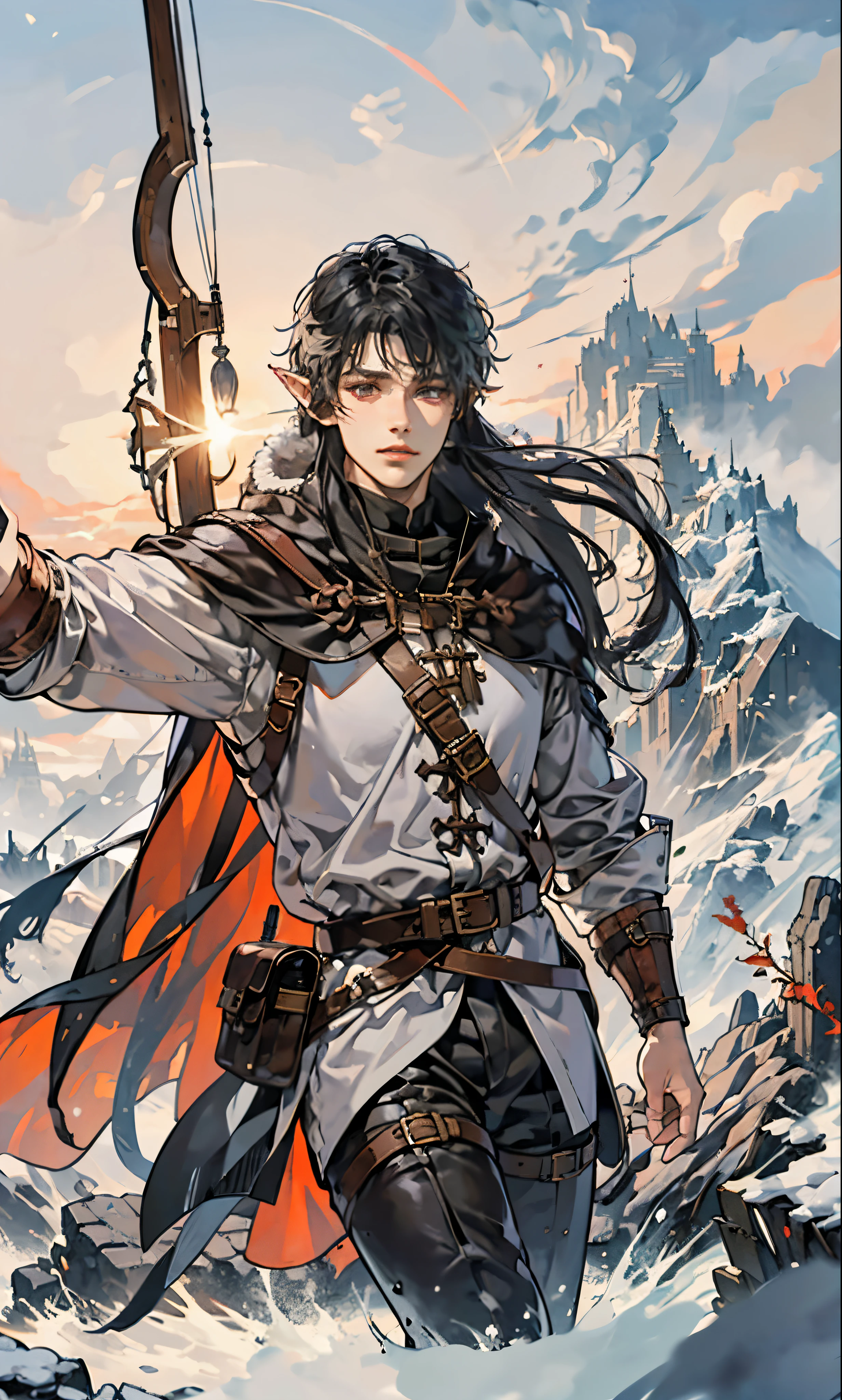 (best quality, high definition) adult 1 male beatiful elf, mystic archer, archery, long black hair, gray eyes, detailed face, middle ages, dnd character, adventurer, winter medieval background