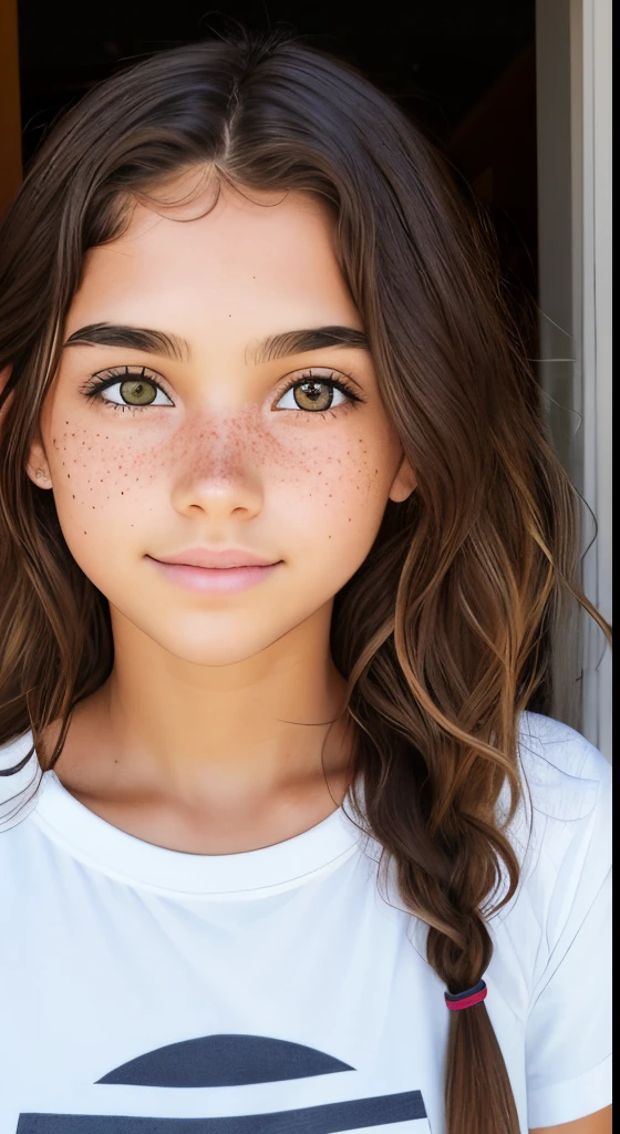 1girl. Tan skin, freckles on nose, freckles on cheeks, dark brown hair, wavy hair, hair braid, T-shirt, 20 years old,