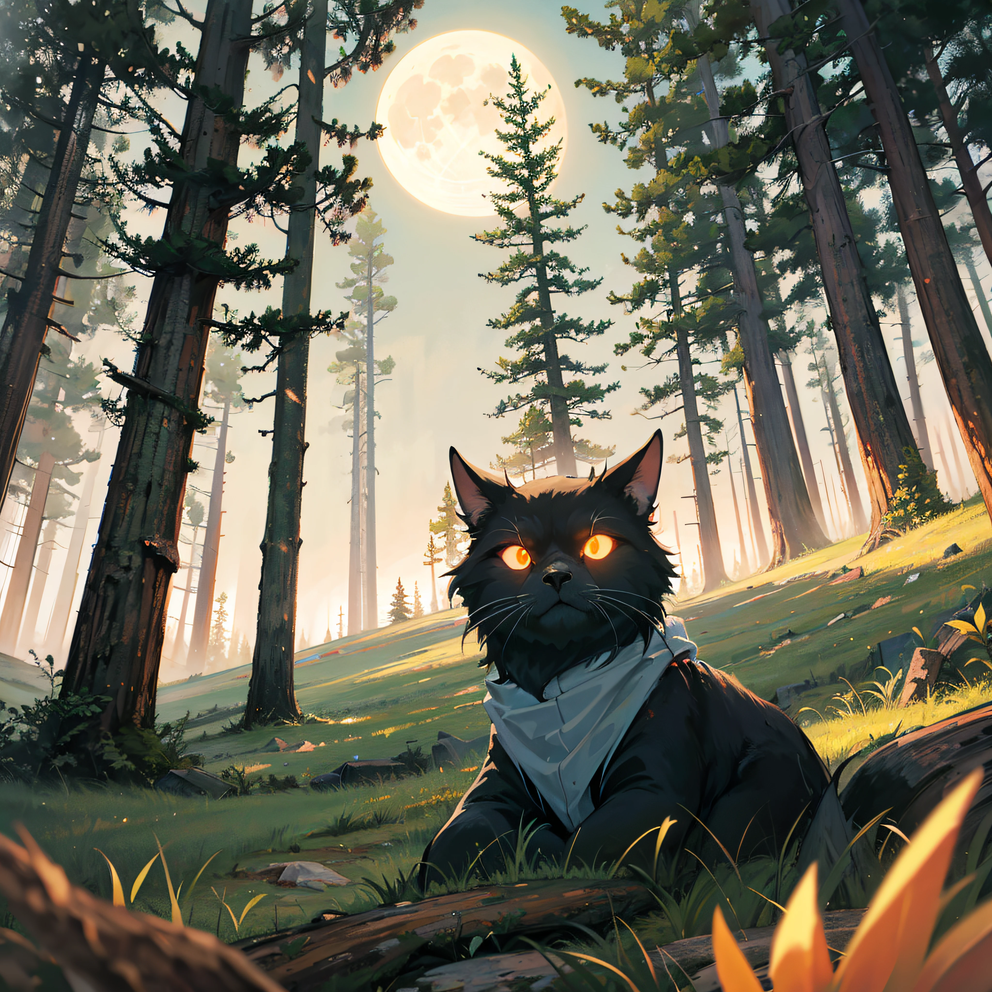 Green plain, ruins, mistborn, twilights, criaturas estranhas, olhos brilhantes, Estrelas, lua cheia, pine trees