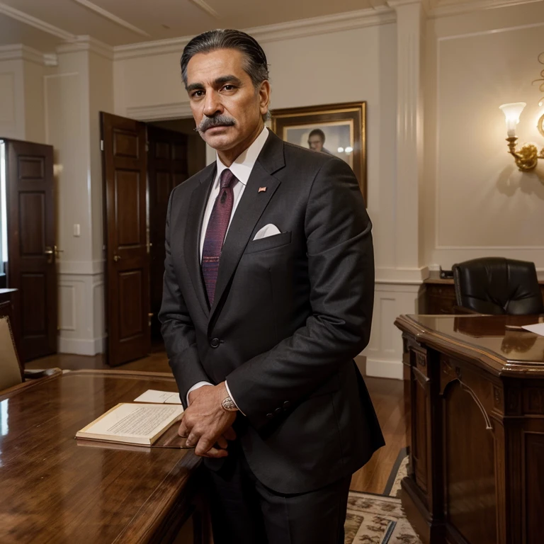 In a timeless, classic presidential office, a man of charming demeanor and captivating presence takes center stage. Meet the enigmatic leader, a true embodiment of a third-way presidency. With a unique blend of Arab and Slavic heritage, he personifies the rich tapestry of multiculturalism that defines our modern world.
His distinguished appearance commands attention - his hair, once jet black, now cut short and shining silver, speaks volumes of his wisdom and experience. A splendid, well-groomed mustache, aged gracefully with hints of grey, adds an air of authority to his countenance.
Dressed impeccably in a black suit, tailored to perfection, he exudes confidence and sophistication. But it's his choice of a vibrant pink tie, a bold statement amidst the sea of traditional reds and blues, that truly captivates. A symbol of his willingness to transcend political boundaries and embrace a new era of unity and progress.
Surrounded by timeless furnishings and polished mahogany, the elegant office serves as a reflection of his leadership style - a harmonious blend of tradition and innovation. As he poses confidently behind the resolute desk, he embodies the promises of his presidency - one that seeks to bridge divides, inspire change, and champion inclusivity.
This president of the third way, with his unique Arab and Slavic roots, represents a beacon of hope for a world in need of visionary leadership. His presence in the political arena serves as a reminder that diversity is not a hindrance, but a strength to be celebrated.
As the camera captures this iconic image, the president's piercing gaze hints at the myriad challenges he faces. Yet, his unwavering determination, coupled with his ability to unite disparate voices, instills a sense of optimism and reassurance. In his hands lies the potential to reshape the world, to create a future where harmonious coexistence is not just a dream, but a reality.