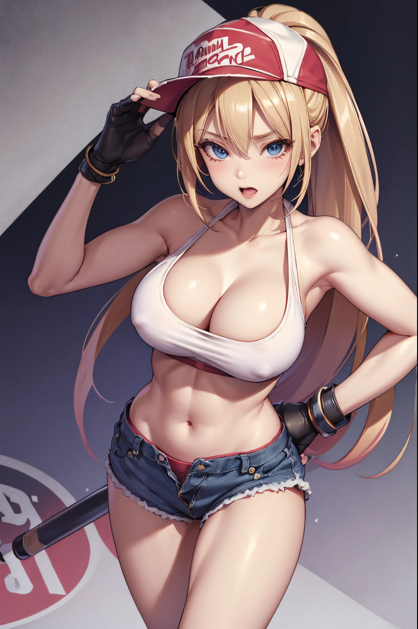 (masterpiece), best quality, expressive eyes, perfect face, highres, (8k), (perfect face), (ultra details), 1 girl, solo, terry bogard girl, blonde hair, ponytail, blue eyes, long hair, baseball cap, fingerless gloves, denim shorts, shoes, blushing, frightened, anguished, open-mouthed, room background, no posing, standing, portrait, looking herself