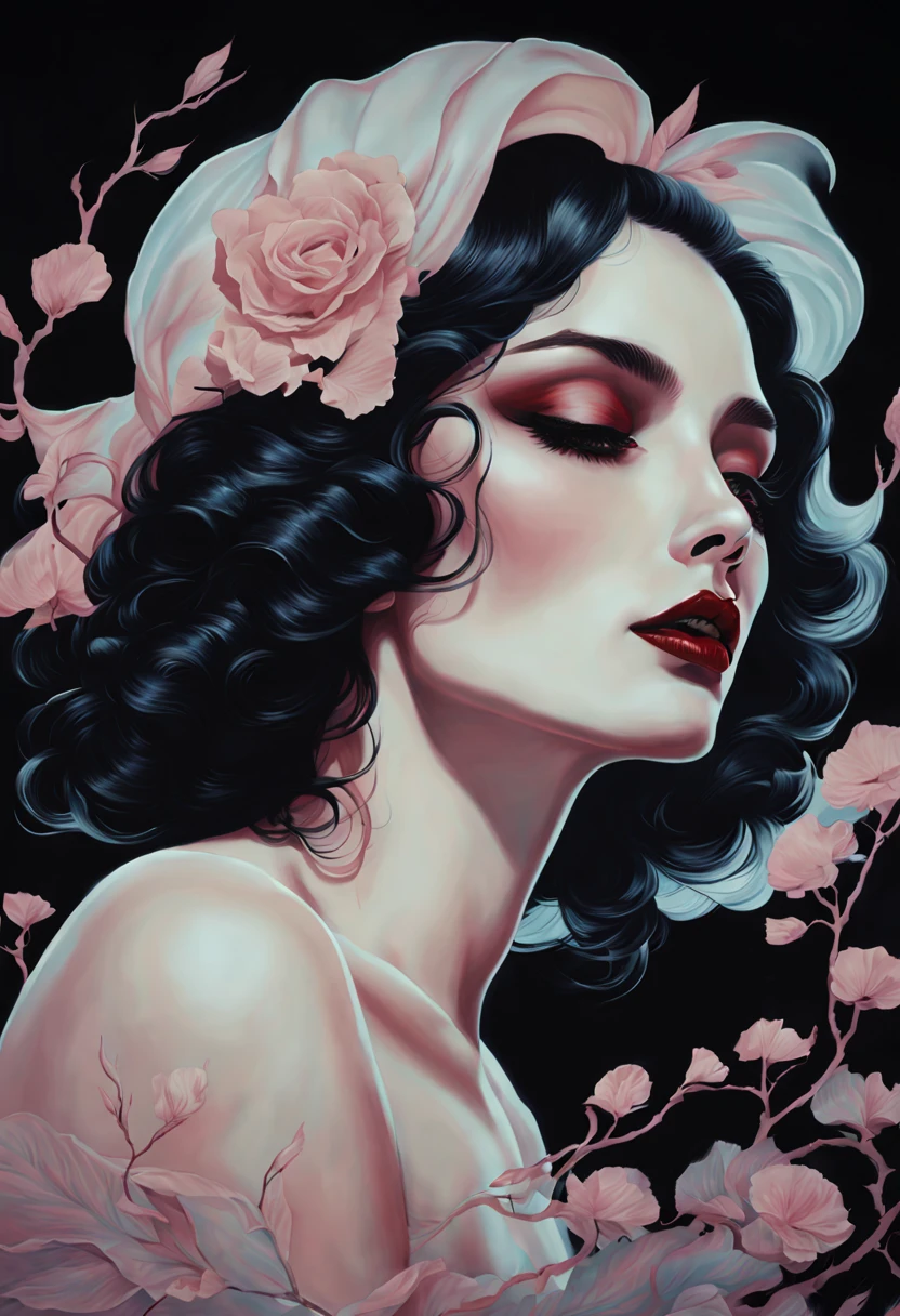 chiaroscuro technique on sensual illustration of an elegant woman, vintage horror, eerie, matte painting, by Hannah Dale, by Harumi Hironaka, extremely soft colors, vibrant, highly detailed, digital artwork, high contrast, dramatic, refined, tonal,