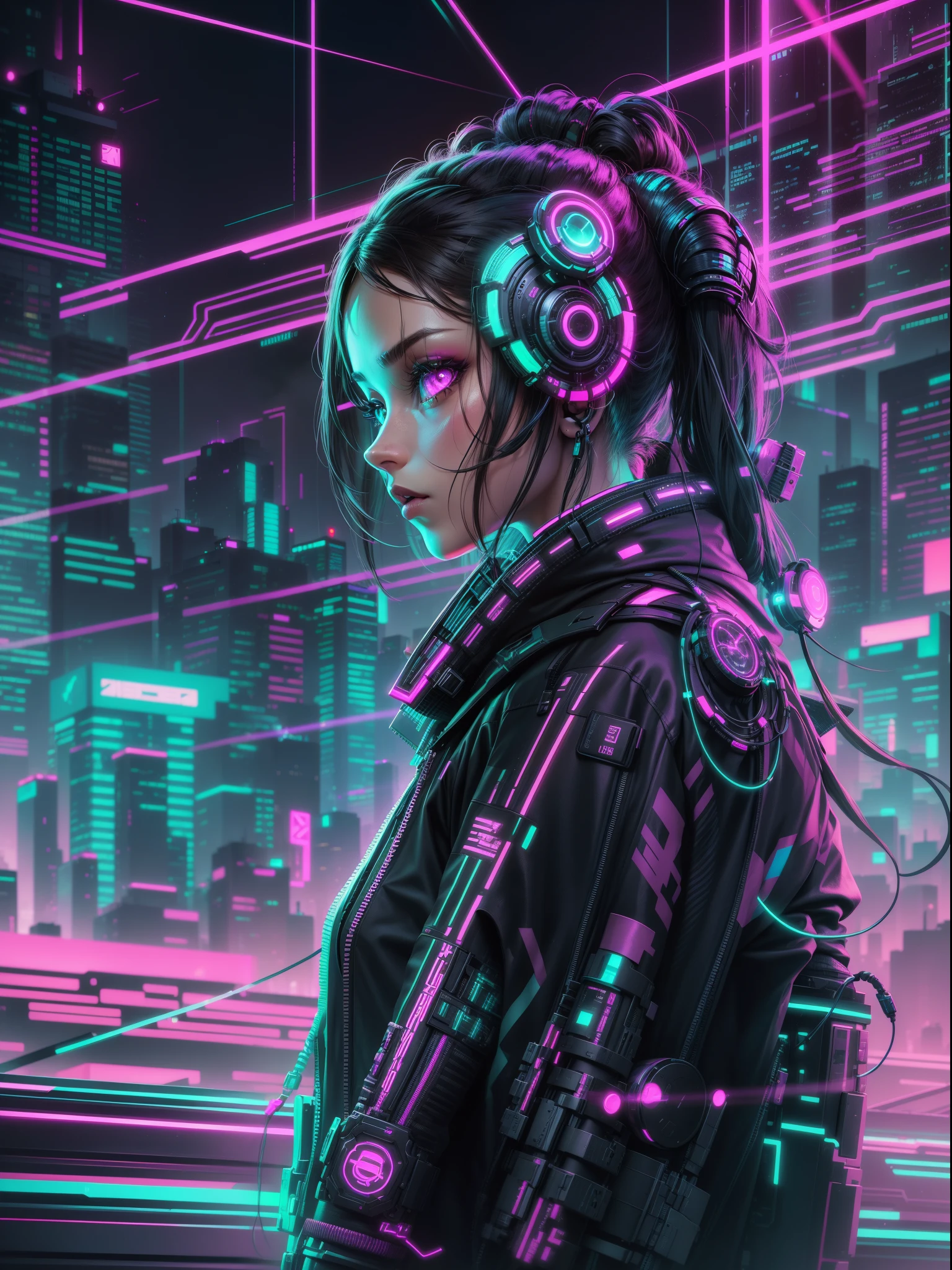 Generate a cyberpunk-inspired digital artwork featuring a futuristic girl seamlessly integrated with a network of wires and cables. Envision a dynamic cityscape backdrop, with neon lights reflecting off metallic surfaces. Emphasize the synergy between human and machine, capturing the essence of a technologically augmented, yet visually captivating, cyberpunk heroine. Use a sleek and modern design language to evoke a sense of high-tech urbanity and intrigue