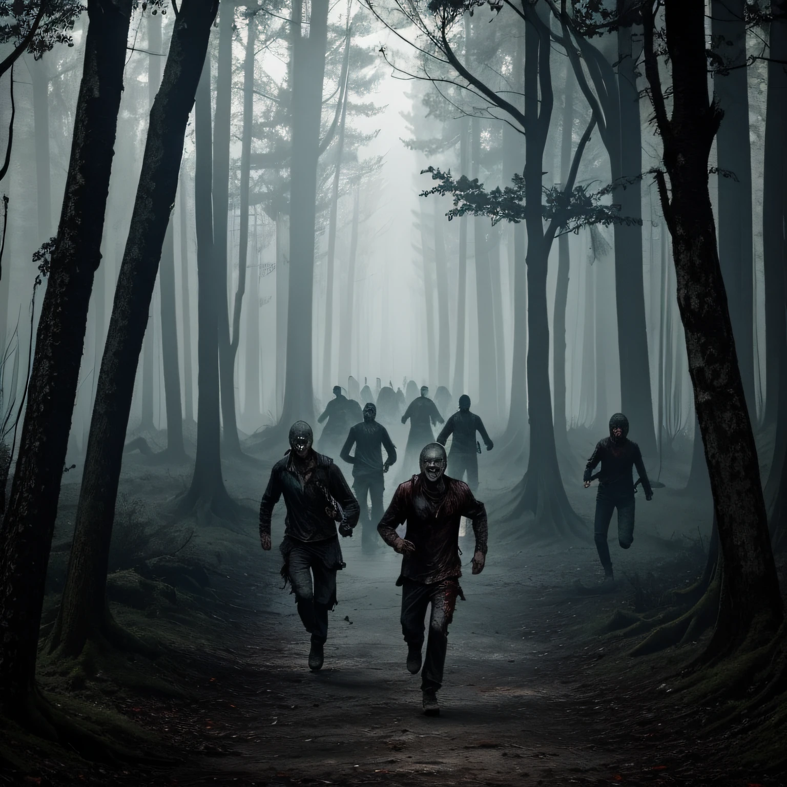 zombies running, gloomy forest at night, dark gray color theme, fantasy, fading, zombies running