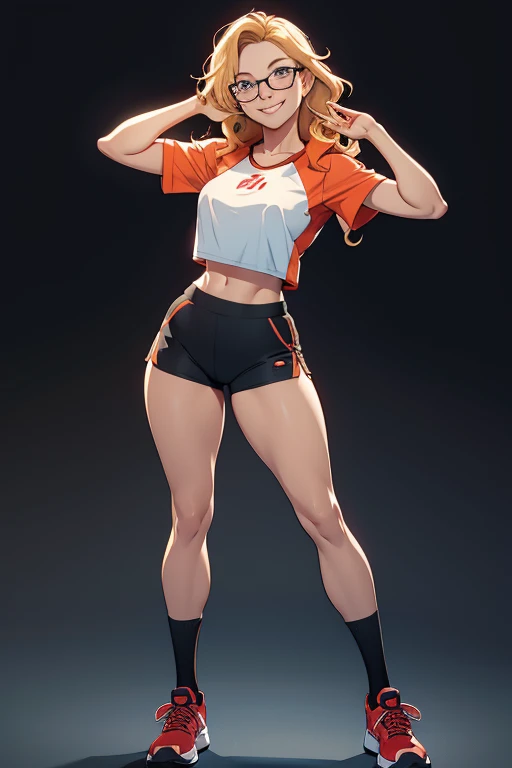 A beautiful woman with short wavy strawberry-blonde hair, wearing black sports shorts and glasses, standing in a dynamic pose, looking happy.