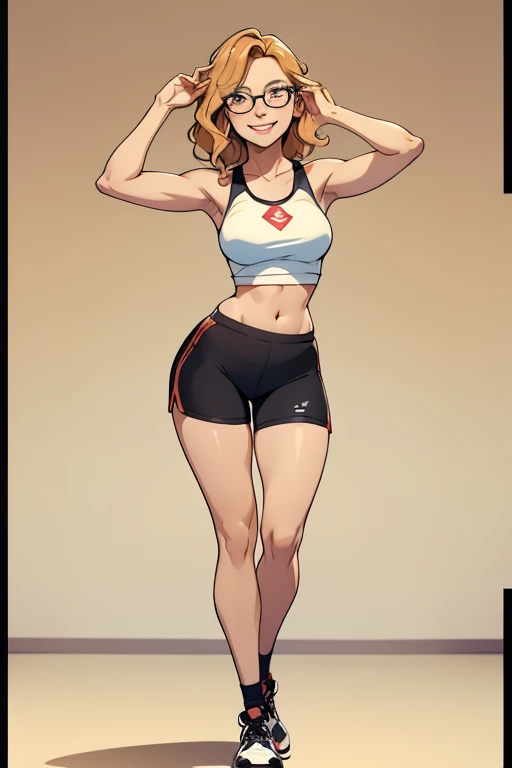 A beautiful woman with short wavy strawberry-blonde hair, wearing black sports shorts and glasses, standing in a dynamic pose, looking happy.