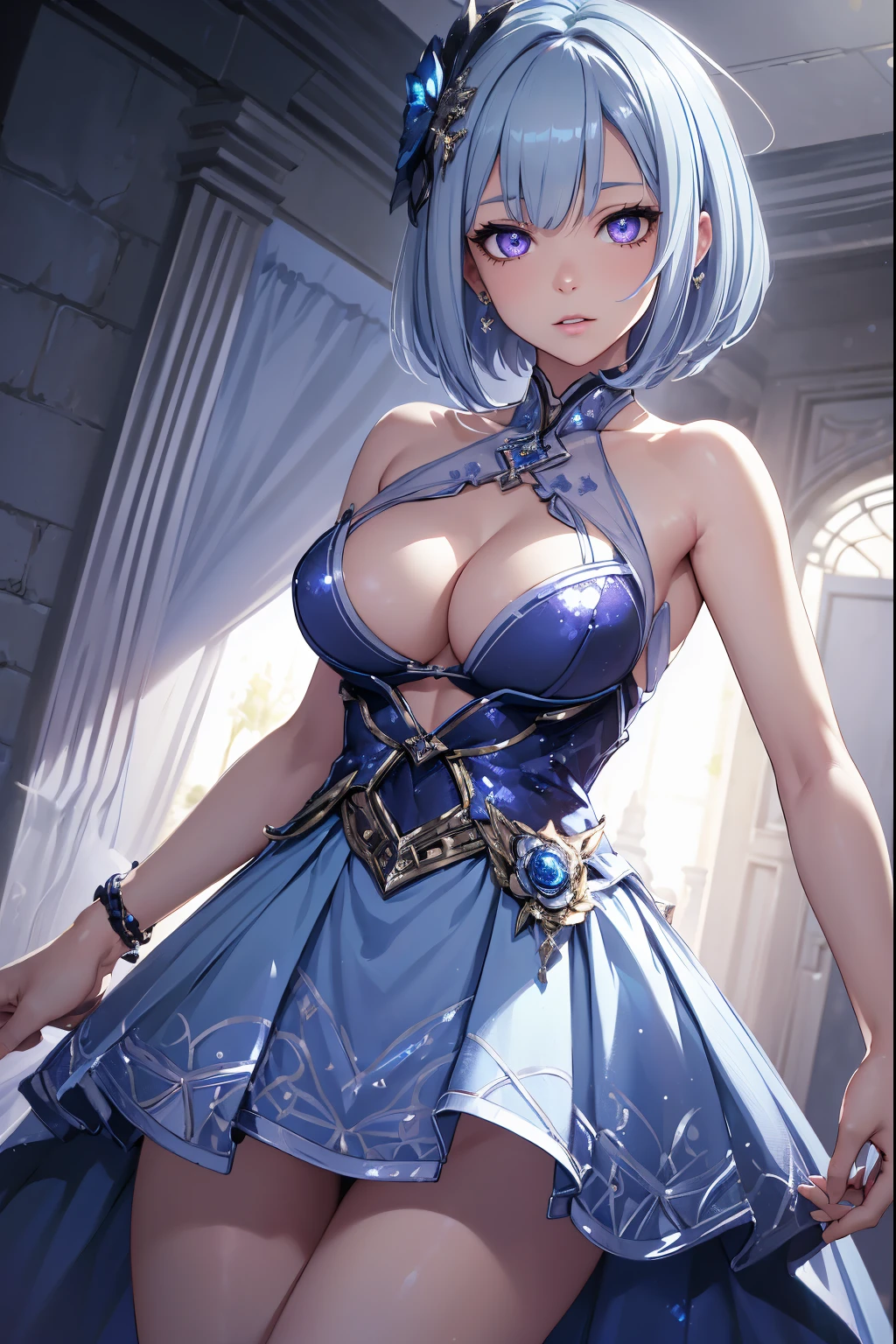 ((Best quality)), ((masterpiece)), (realistic), beautiful sexy girl in a sexy blue-silver-lavender sequin party dress, highly detailed glowing eyes, blue short hair, smooth skin, cleavage, ((extremely slutty)), ((whole body)).