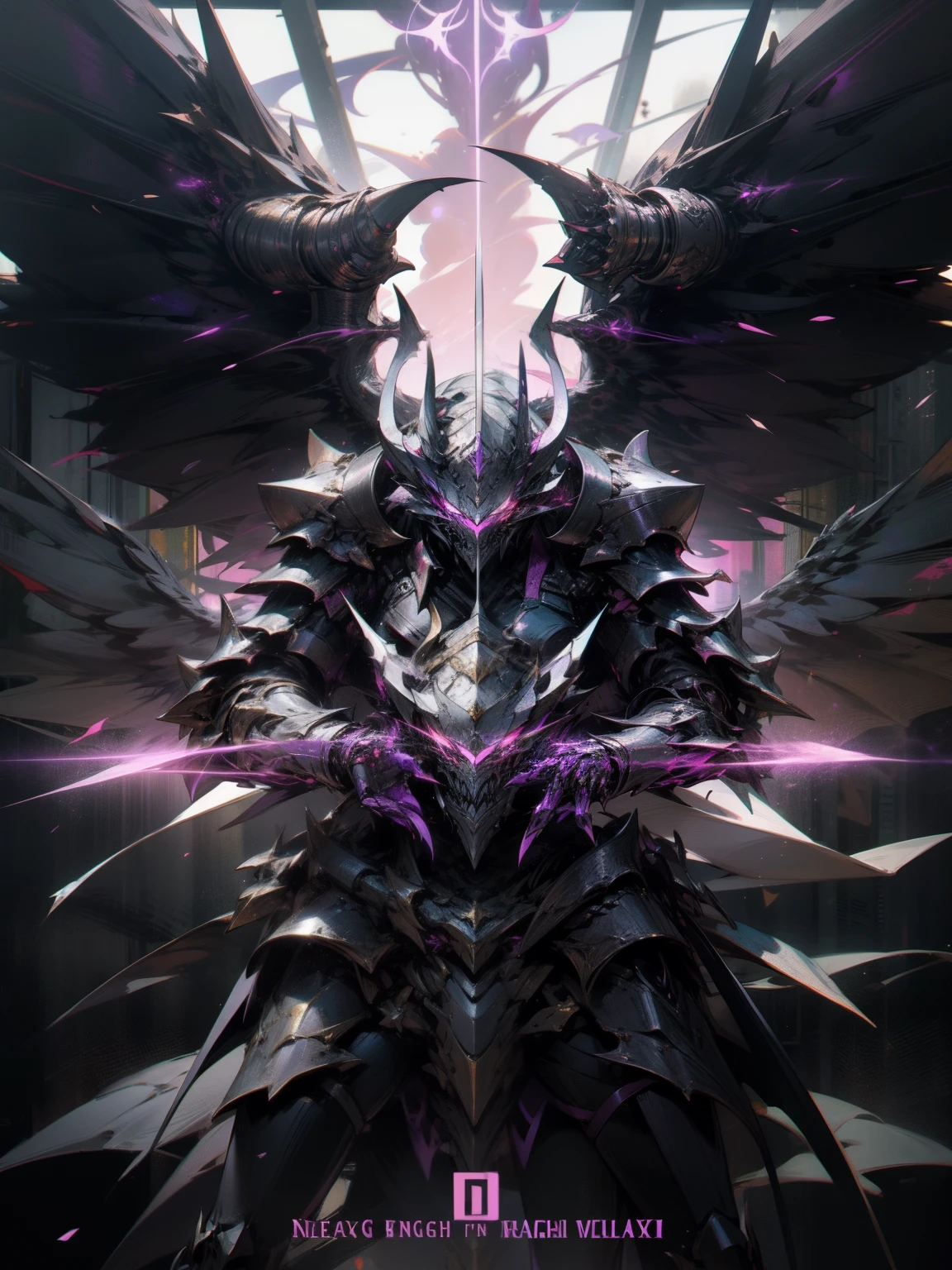 Demonangel weiblich with horns on the head, huge wings and a heavy dragon armor with neon light black and purple with golden decorations