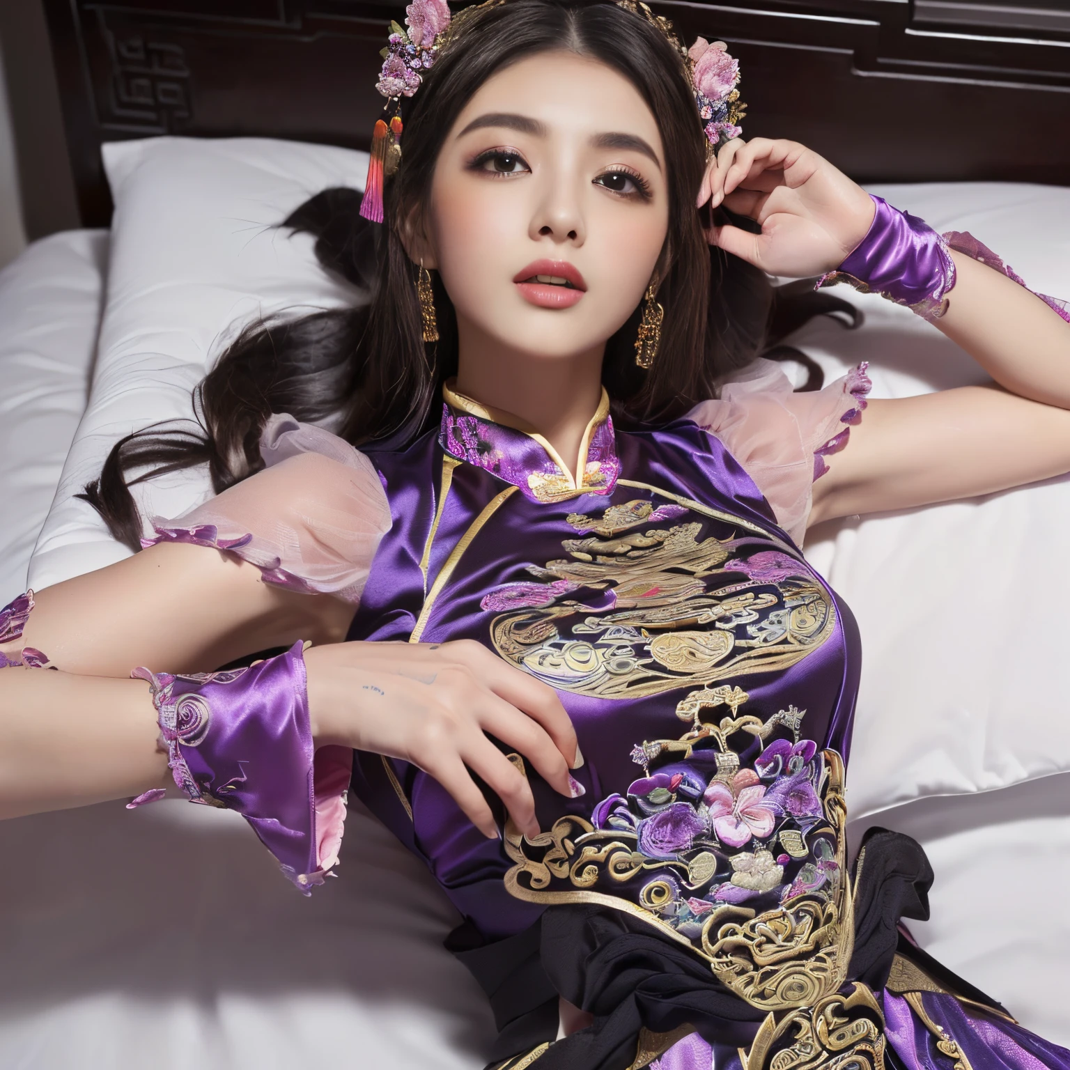 ((top-quality、masutepiece、8K、Top image quality、Hyper-Realism))、(The most gorgeous Chinese prostitute goddess:1.5)、((The most gorgeous prostitute goddess huge costume、the most vivid and luxurious costumes、big long costume、Perfect makeup、long eyelashes、pink lipsticks、Pink eyeshadows))、(women look at me、Sleep in bed、perfect anatomia)、((The background is the sex room of a very luxurious concubine.、Detailed and glamorous sex room、pink and purple sex room、The most obscene purple and pink sex room、Midnight、total darkness))、(agitation:1.5)