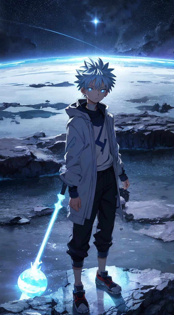 Killua,standing on a water planet,broken planet and glow lighting in the sky background,neon eyes