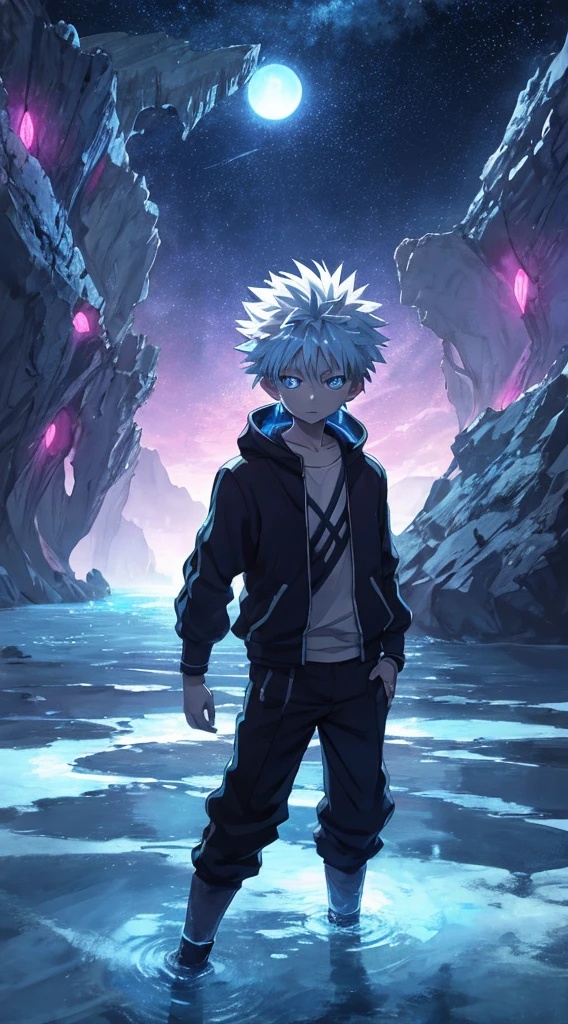 Killua,standing on a water planet,broken planet and glow lighting in the sky background,neon eyes