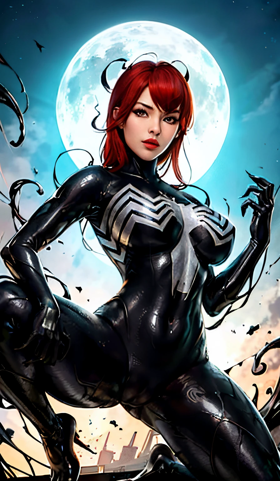 4K,realisticlying,Glamorous,The is very detailed,There is a girl in Dingcheng,Red hair,Wearing a black Spider-Man costume,(Black and white:1.4) the night,symbiote,venomize,a large amount of mucus,she is a spiderman,Black superhero theme,In front of the sky,Flushed complexion,( Open legs, camel-toe,, Vulvar shape:1.3),(GGCameltoe:1.3)Legs apart,25 age old,full bodyesbian