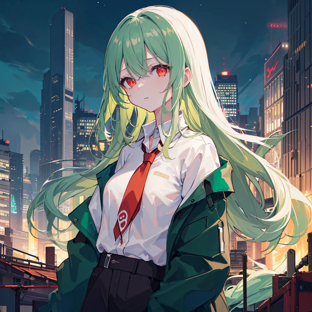 1girl in, 独奏, Lori, 小柄,(Night_skyporn), (very_long_Green_hair), Braids, (Red_Eyes), Medium_breasts, (white_Shirt:1.5), (windbreaker), (portlate), blazing_Eyes, Background_light, (Cityscape:1.5), (neons_A light:1.2), (scienc), cyberpunked, ((​masterpiece)), (Hi-Res), (best_quality), (highly_Detailed), (Original),(Delicate background),(Very detailed 8k wallpaper),cinematlic lighting, Volume Lighting, light Particle, Shaded_Face, Beautiful_Detailed_Eyes, Depth_In the_field、point of view、