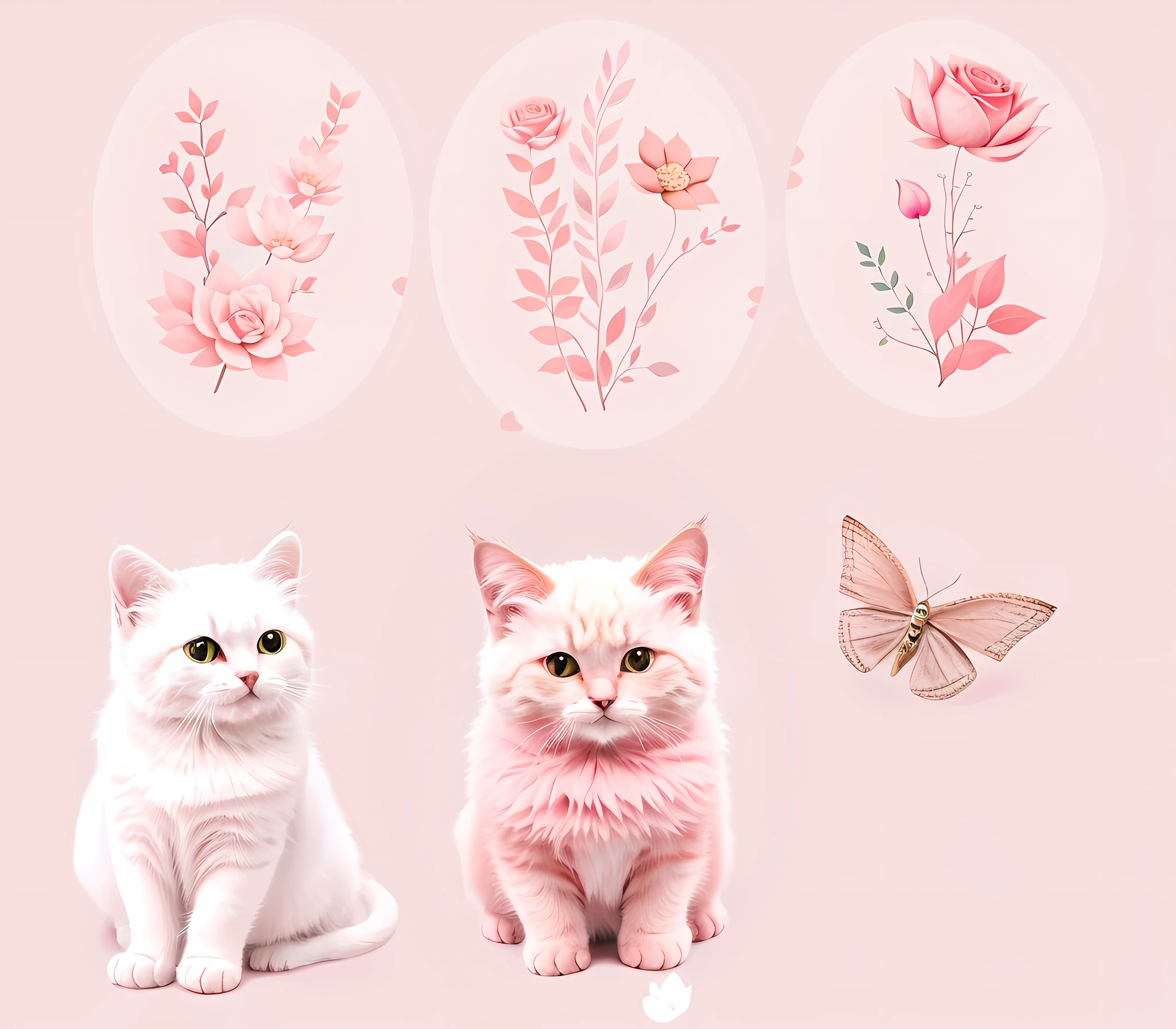 existem quatro fotos diferentes de um gato e uma borboleta, gatos bonitos, arte digital bonito, GatosGatosGatos, Gatos, painting digital adorable, fundo cor-de-rosa, Gato. pintura digital, arte digital detalhada bonito, design do gato, rosa pastel, tons de rosa, gatinhos bonitos, gato detalhado, gatinho, tonalidades rosa claro, Gatinhos, Gato, lindo e bonito