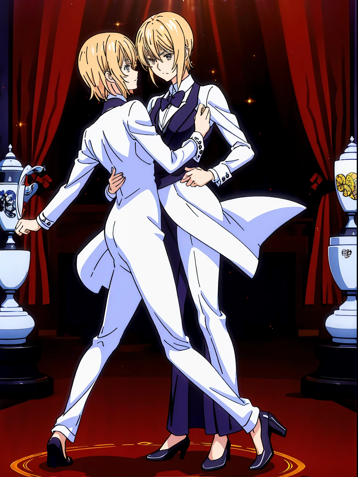 2girl, erina and Alice, Nakiri Erina wears a tuxedo with a long silk jacket and white skinny pants, blonde hair, Full body, Waltzing with Alice, Alice is wearing a long dress , White hair, short hair hair,