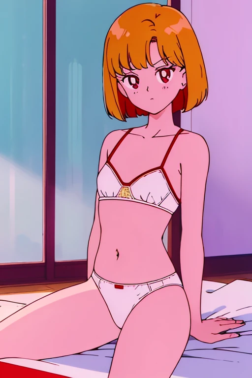 best quality, masterpiece, Best Quality, masutepiece, Retro anime style, Red Eyes, Blonde Hair, Bob Hair, Bob Haircut, Underwear, White underwear, White bra, white panty, Underwear with a small area, in one's underwear only, sitting in bed, bedroom, seductive