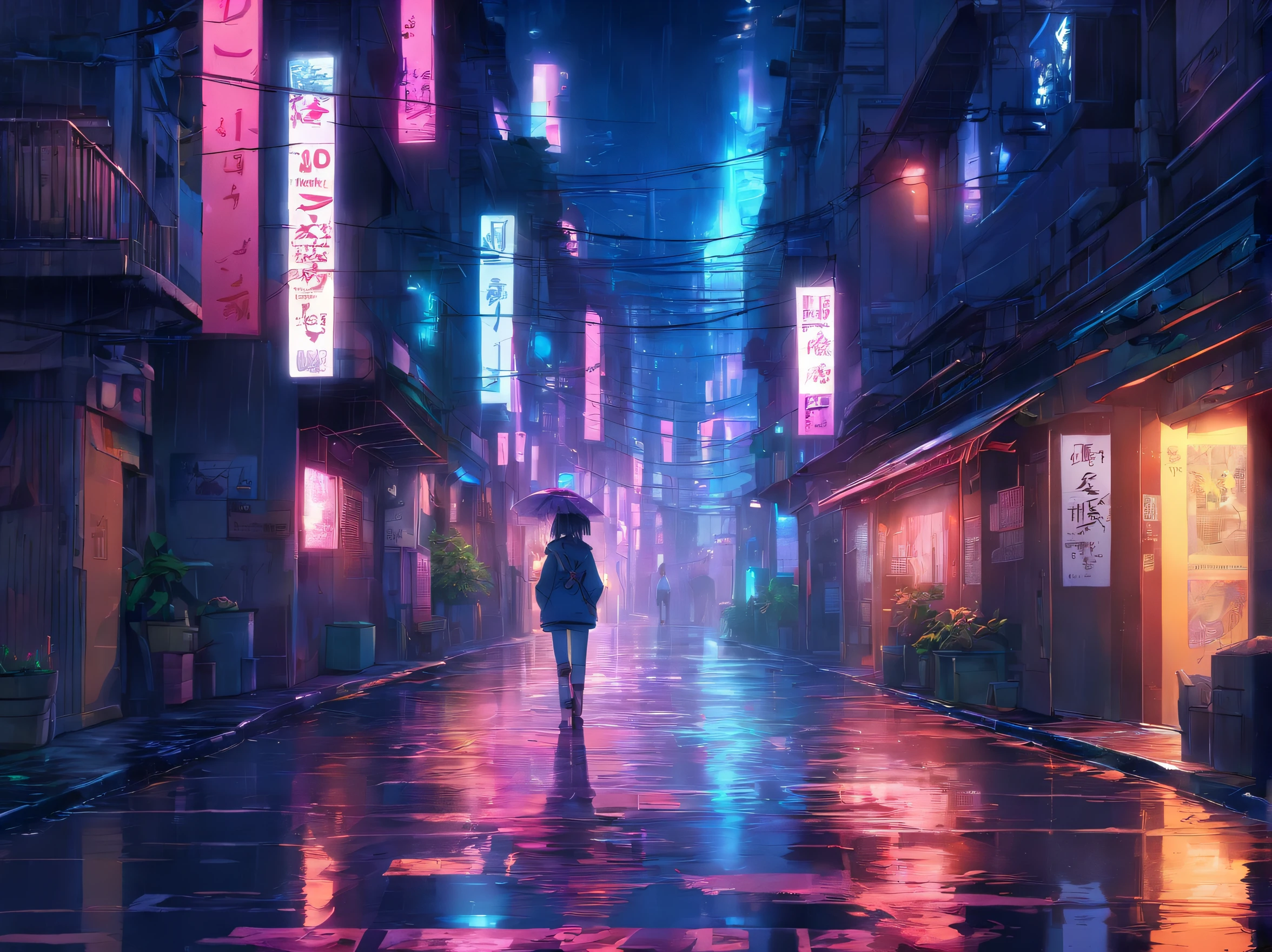 Rua Estreita, beco da rua, cidade, Noite, chuva, Cyberpunk, A high resolution, ultrasharp, 8k, obra prima