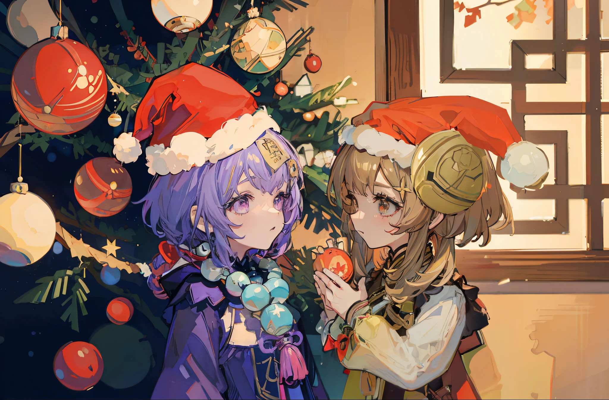 2  girls decorating a christmas tree