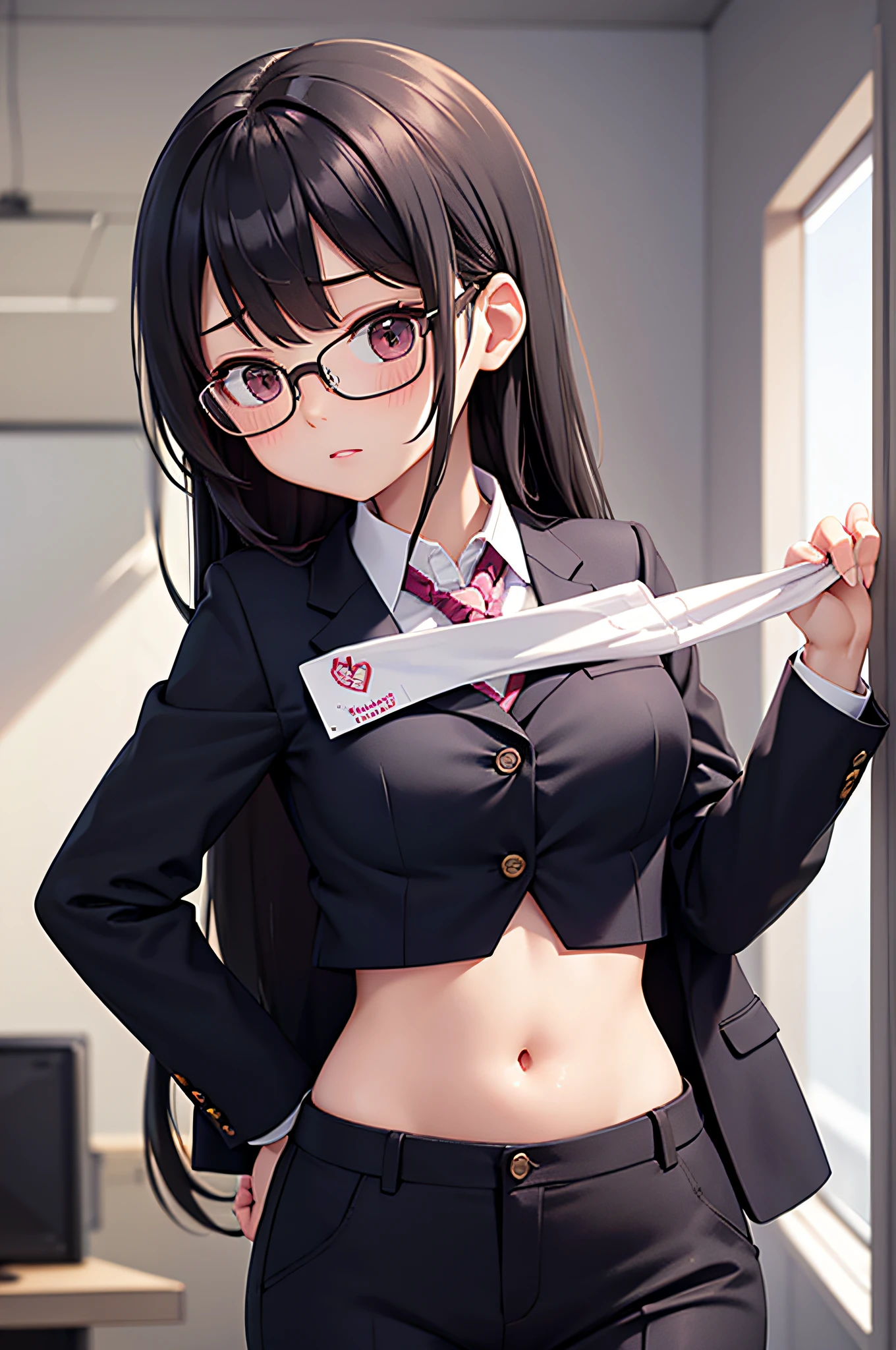 long hair, glasses,1 girl, solo, medium breasts, business jacket, tummy, navel, crop top, collared shirt, office, trousers, blush,