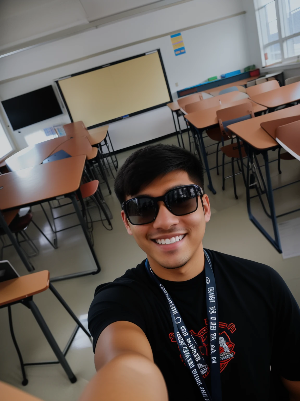 there is a man that is taking a selfie in a classroom, in a classroom, selfie shot straight on angle, standing in class, with backdrop of natural light, taken on go pro hero8, shot on gopro9, student, wide angle photo, in a school classroom, wideangle portrait, at college, taken with sony alpha 9, selfie photo
