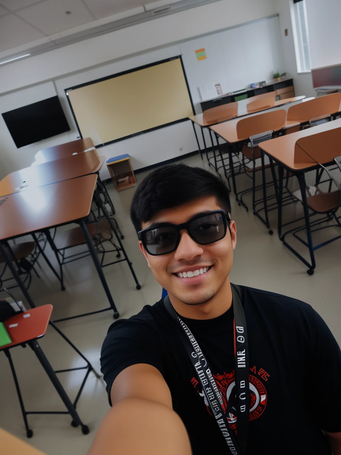 there is a man that is taking a selfie in a classroom, in a classroom, selfie shot straight on angle, standing in class, with backdrop of natural light, taken on go pro hero8, shot on gopro9, student, wide angle photo, in a school classroom, wideangle portrait, at college, taken with sony alpha 9, selfie photo