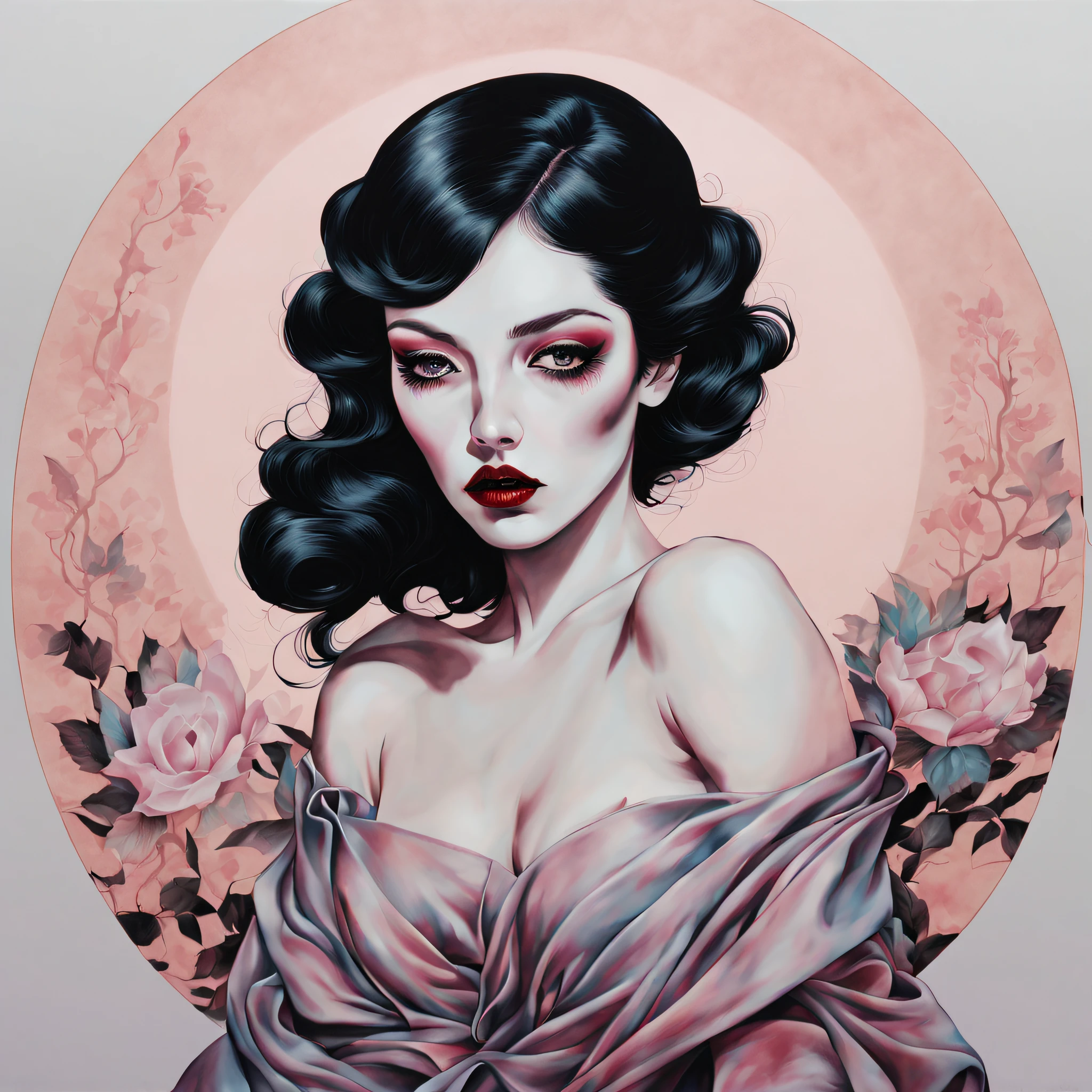 chiaroscuro technique on sensual illustration of an elegant woman, vintage horror, eerie, matte painting, by Hannah Dale, by Harumi Hironaka, extremely soft colors, vibrant, highly detailed, digital artwork, high contrast, dramatic, refined, tonal,