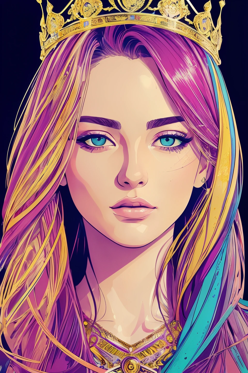 Highly detailed, High Quality, Masterpiece, beautiful, FISideRight cafe, right side angle, 1girl, solo, ((best quality)), ((masterpiece)), (detailed), perfect face, abstract beauty, Create a digital art work in pop art style, luxury elegance bold with hint of feminine, happy & youthful, authentic, brave, princess wearing crown, purple and gold, centered, key visual, intricate, highly detailed, breathtaking beauty, precise lineart, vibrant, comprehensive cinematic, Carne Griffiths, Conrad Roset, vector art, Colorful graffiti illustration, (the most beautiful portrait in the world:1.5)