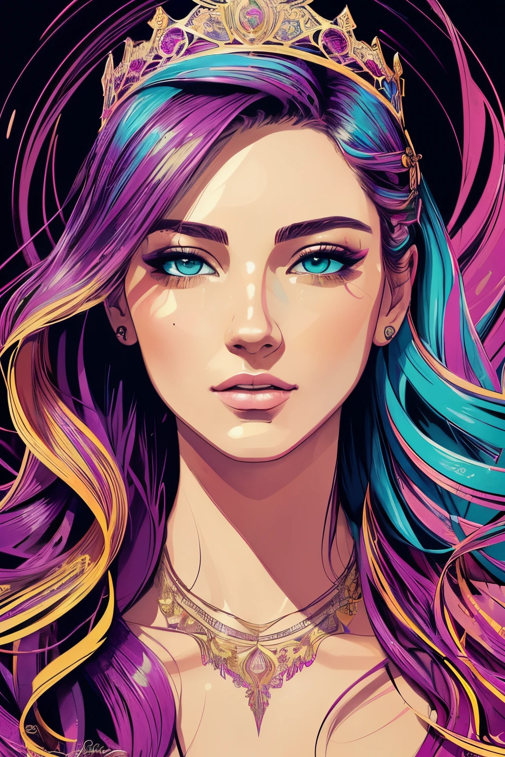 Highly detailed, High Quality, Masterpiece, beautiful, FISideRight cafe, right side angle, 1girl, solo, ((best quality)), ((masterpiece)), (detailed), perfect face, abstract beauty, Create a digital art work in pop art style, luxury elegance bold with hint of feminine, happy & youthful, authentic, brave, princess wearing crown, purple and gold, centered, key visual, intricate, highly detailed, breathtaking beauty, precise lineart, vibrant, comprehensive cinematic, Carne Griffiths, Conrad Roset, vector art, Colorful graffiti illustration, (the most beautiful portrait in the world:1.5)