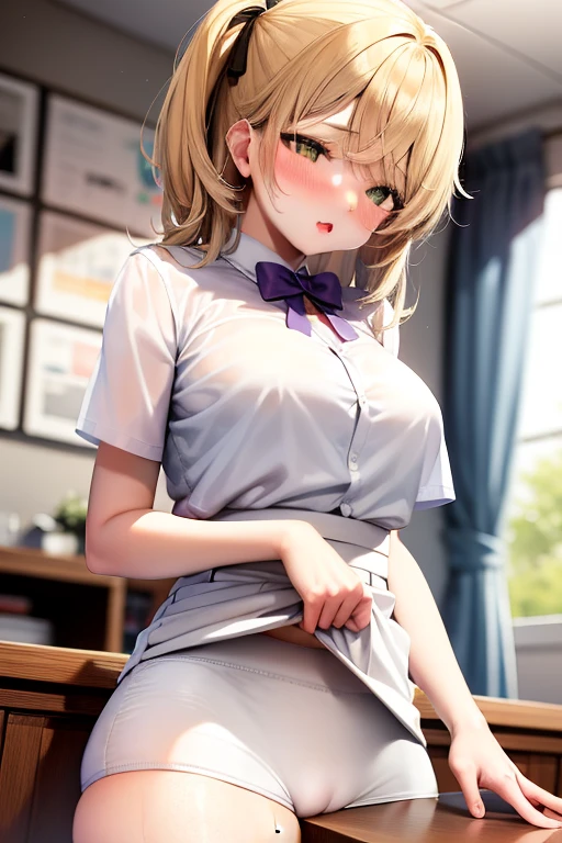 1girl, Table hump, rubbing the perineum, white shirt, pencil skirt, office, white panty, skirt lift, strap, a table, elevation, multiple boys,A thought-provoking liquid,, Masterpiece, Best Quality, Highly detailed