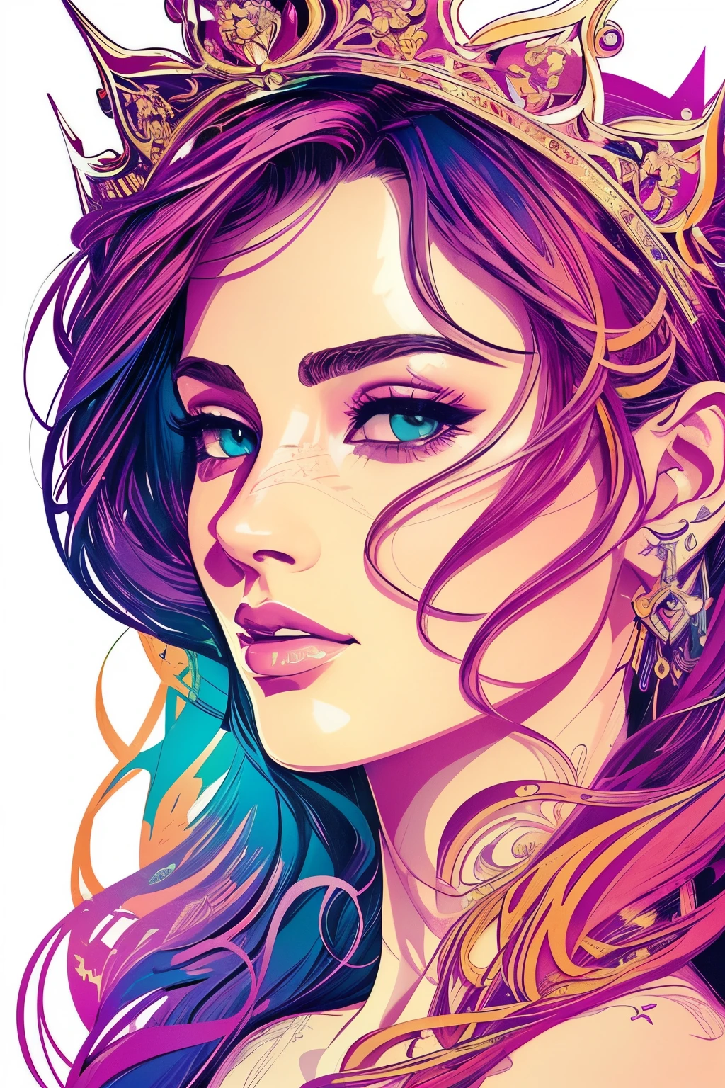 Highly detailed, High Quality, Masterpiece, beautiful, FISideRight cafe, right side angle, 1girl, solo, ((best quality)), ((masterpiece)), (detailed), perfect face, abstract beauty, Create a digital art work in pop art style, luxury elegance bold with hint of feminine, happy & youthful, authentic, brave, princess wearing crown, purple and gold, centered, key visual, intricate, highly detailed, breathtaking beauty, precise lineart, vibrant, comprehensive cinematic, Carne Griffiths, Conrad Roset, vector art, Colorful graffiti illustration, (the most beautiful portrait in the world:1.5)