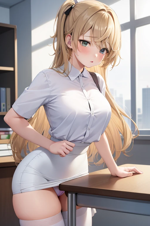 1girl, Table hump, rubbing the perineum, white shirt, pencil skirt, office, white panty, skirt lift, strap, a table, high ground, multiple boys,Liquid, Thought-provoking,, Masterpiece, Best Quality, Highly detailed