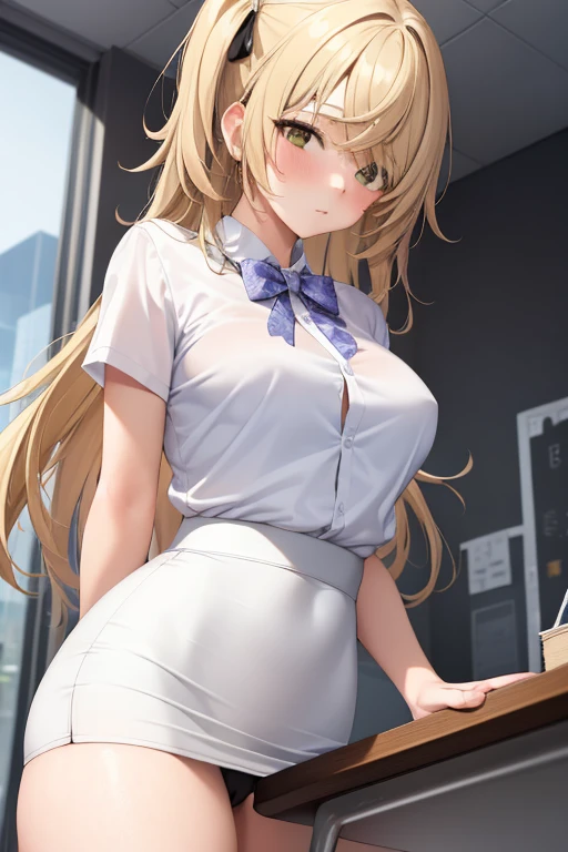 1girl, Table hump, rubbing the , white  shirt, pencil skirt, office, white , skirt lift, strap, a table, high ground, multiple boys,Liquid, Thought-provoking,, Masterpiece, Best Quality, Highly detailed